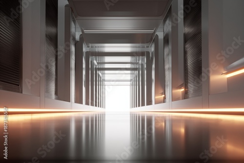 Modern data-center with blade server showing unit partially pulled out for maintenance and inspection