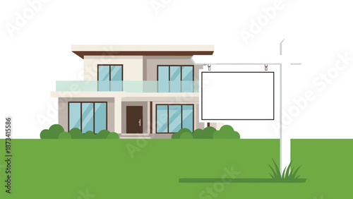 Modern two-story house with a green lawn and a prominent blank "For Sale" sign in the foreground, signifying real estate opportunities.