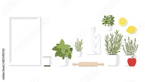 Stylish kitchen arrangement with a blank frame, various potted herbs, fresh lemon and apple, and a rolling pin on a clean white background.