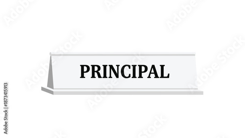Professional white desk nameplate with bold black text clearly displaying the title "PRINCIPAL" on a simple white background.