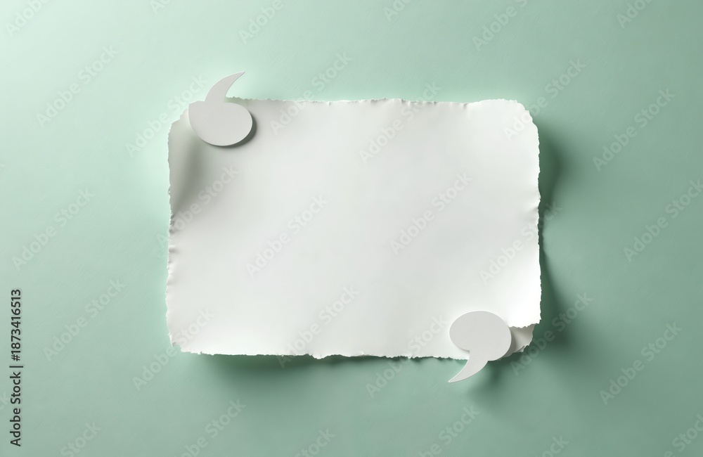 Fototapeta premium White paper quote box with quotation marks on green backdrop. Blank space for text notes. Creative design element for advertising marketing or social media posts.