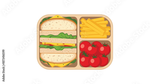 An open bento box revealing a neatly packed lunch consisting of a delicious sandwich, crispy French fries, and fresh cherry tomatoes.