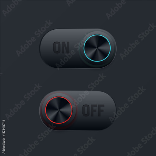Toggle switch with ON and OFF state in dark UI style for setting, dashboard, control panel and user interface design elements for web and mobile app