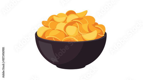A sleek black bowl overflowing with a generous serving of crispy, golden potato chips, perfect for snacking.