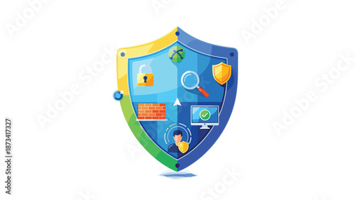 A vibrant, multi-colored shield icon prominently featuring various cybersecurity elements such as locks, a firewall, and a protected user profile.