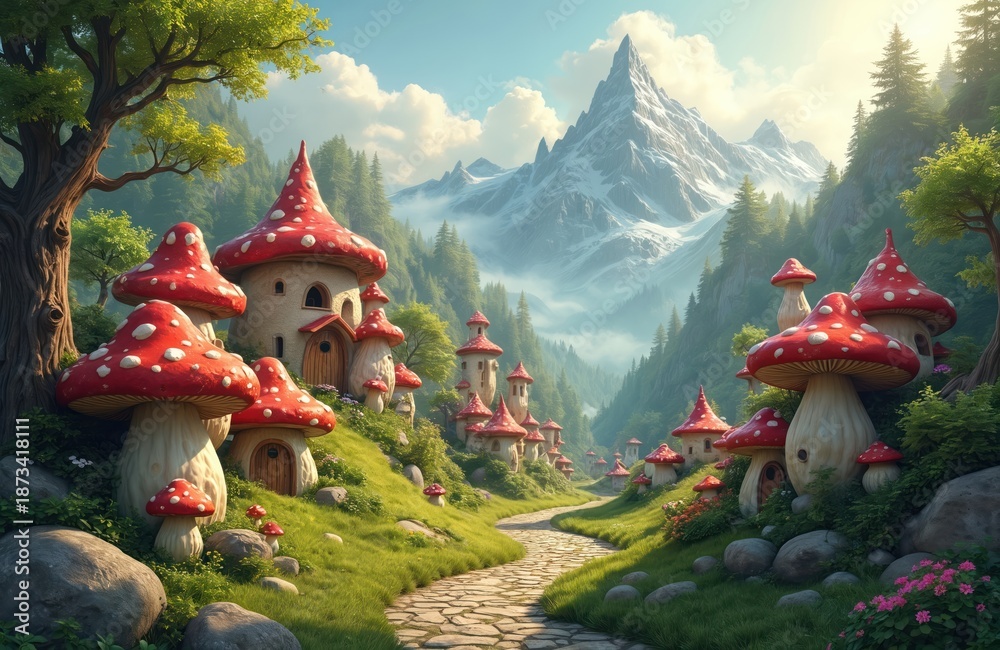 Fototapeta premium Tiny village of mushroom houses nestles in green valley. Red capped toadstool homes sit on grassy hillsides below snow capped mountains. Peaceful fairy tale scene unfolds on sunny day.