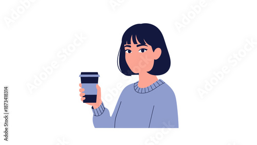 A young woman holding a coffee cup in her hand, enjoying a casual moment in a relaxed environment, depicted in a simple illustration style