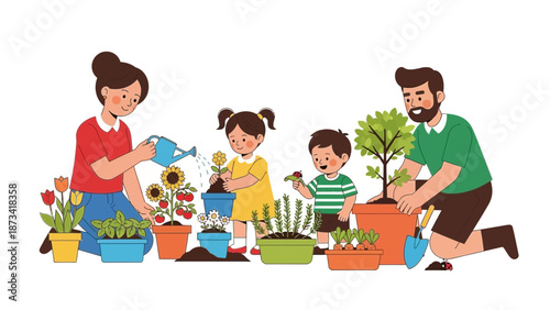 Family Gardening Together Outdoors with Various Plants and Flowers