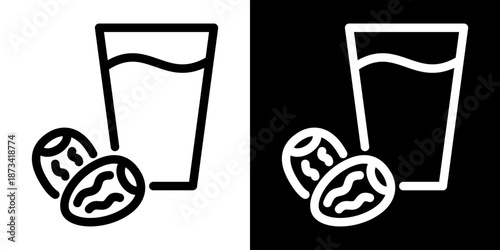 Islamic iftar icon featuring water and dates in outline style. Minimal linear vector symbol representing Ramadan breaking fast tradition. Clean monochrome illustration suitable.