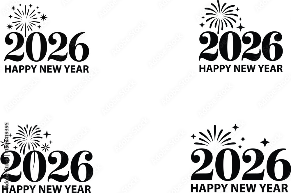 Obraz premium 2026 Happy New Year greeting card with fireworks and stars, vector celebration icons