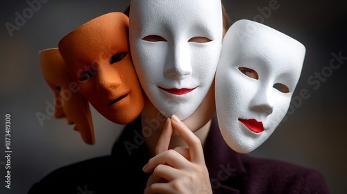 Personality psychology concept multiple masks showing different emotions identity self reflection psychological traits conceptual art minimalist background studio lighting high contrast