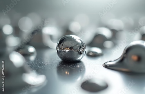 Close up photo shows shiny liquid mercury drops on surface. Metallic spherical droplets with reflection, blurred background. Science, chemistry, and toxic elements concept.