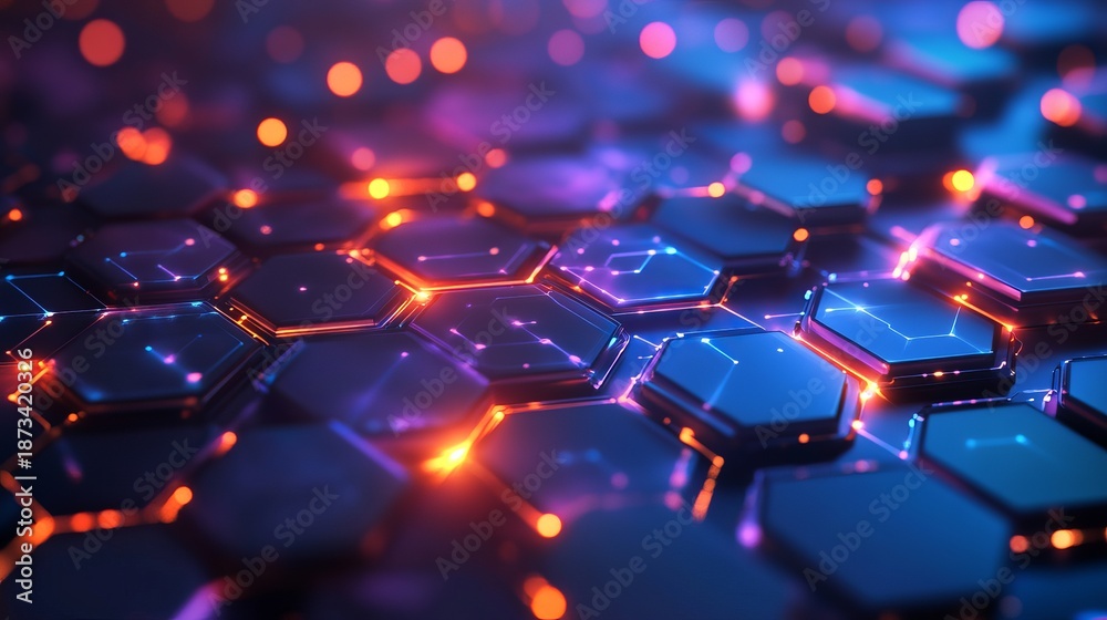 Obraz premium A futuristic digital illustration of glowing blue and orange hexagons in a honeycomb pattern