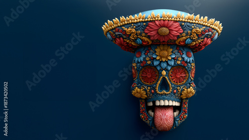 a skeleton with a sombrero on its head sticks its tongue out in a grimace