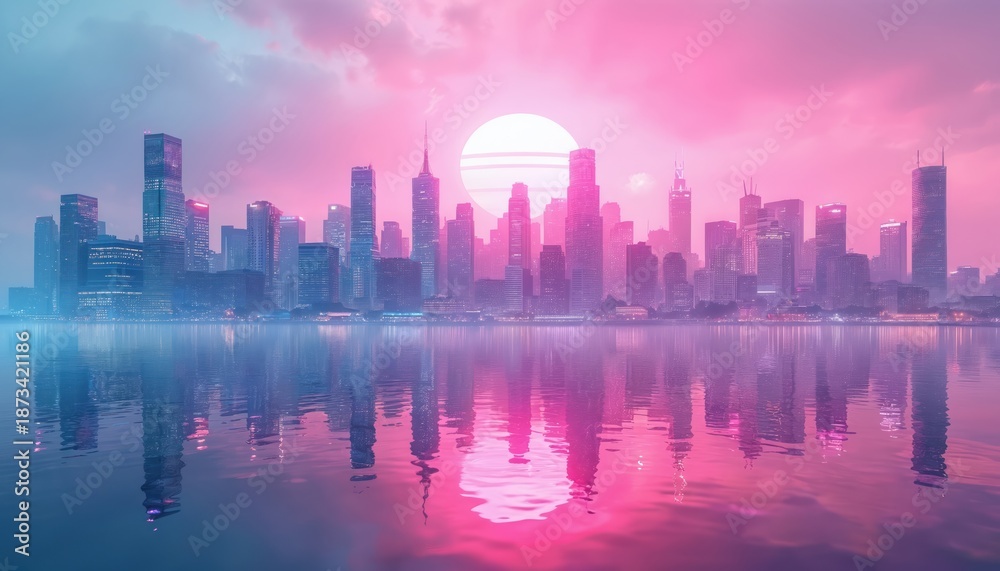 Obraz premium Modern city skyline at sunset with vibrant pink, blue sky over water. Tall buildings reflect in calm surface. Large white sun sets behind towers, creating aesthetic urban landscape. Neon light fills