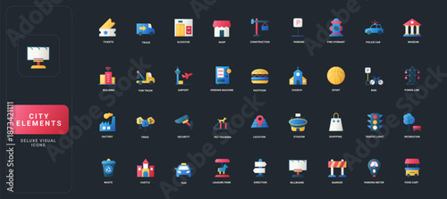 Gradient flat style icons set with diverse city infrastructure, transport, recreation, shopping, and utility elements on dark UI background vector illustration.
