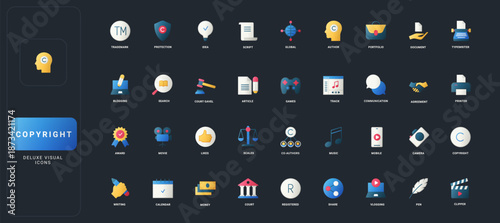 Gradient flat style icons set with copyright, trademark, legal, creative, document, and media concepts on dark UI background vector illustration for intellectual property themes.