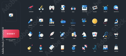 Gradient flat style icons set with diverse hobby activities, creative interests, sports, music, games, travel, and leisure objects on dark UI background vector illustration.