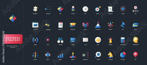 Gradient flat style icons set with direction, decision, startup, agreement, challenge, growth, vision, strategy, finance, and analytics on dark UI background vector illustration.
