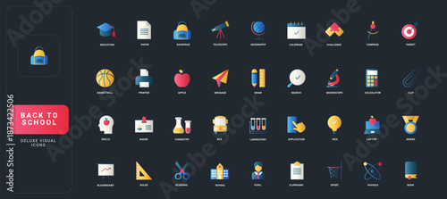 Gradient flat style icons set with education, science, school supplies, achievement, sports, and technology elements on dark UI background vector illustration.