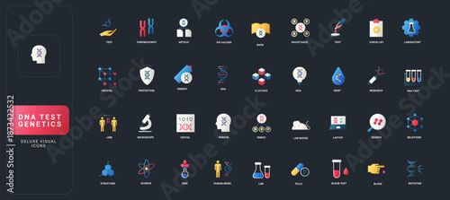 Gradient flat style icons set with DNA testing, genetics, chromosomes, research, laboratory, inheritance, mutation, and scientific analysis on dark UI background vector illustration.
