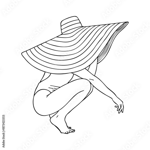Dibujo sencillo con líneas de una mujer con bañador agachada tapada por un sombrero enorme 
