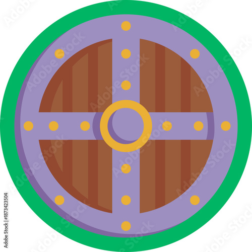 A round wooden shield with a central metal boss, commonly used by Viking warriors for protection in battle.