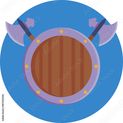 Traditional Norse shield featuring a central boss, used by Viking warriors for defense.