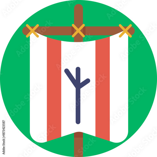 A rugged Viking flag mounted on a wooden pole, symbolizing clan identity, conquest, and allegiance during raids and sea voyages.