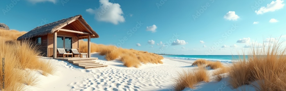 Fototapeta premium Wooden hut with thatched roof rests on sandy dune overlooking blue ocean. Golden beach grass surrounds cabin. Chairs sit on porch near water.