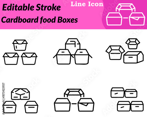 A clean, minimalist cardboard food boxes icon designed in a character style. Features stacked or open takeaway boxes with simple fold lines to represent food packaging delivery.