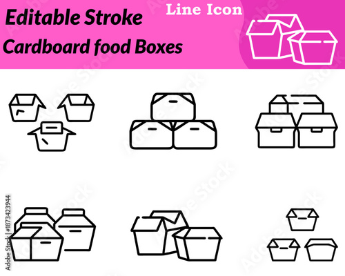 A clean, minimalist cardboard food boxes icon designed in a character style. Features stacked or open takeaway boxes with simple fold lines to represent food packaging delivery.