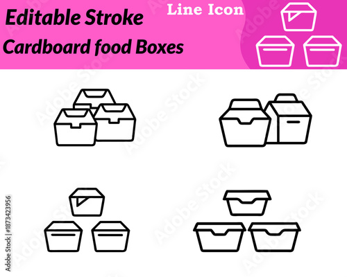 A clean, minimalist cardboard food boxes icon designed in a character style. Features stacked or open takeaway boxes with simple fold lines to represent food packaging delivery.