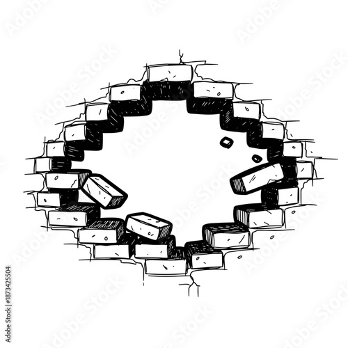 Broken brick wall with an oval hole and scattered bricks  