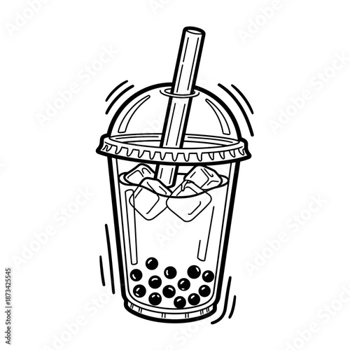 Bubble tea drink with ice cubes and straw in clear cup  