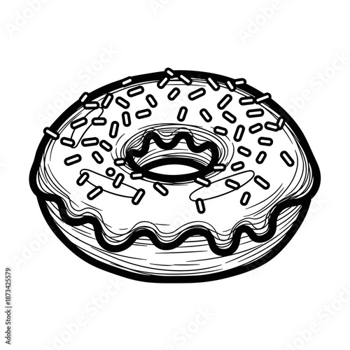 Chocolate covered donut with sprinkles in hand-drawn style  