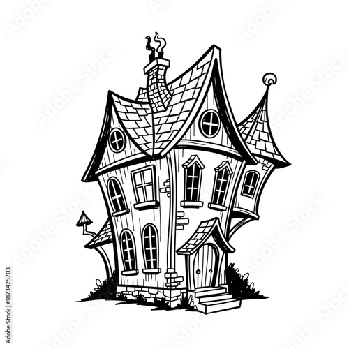 Whimsical cartoon house with tilted design and unique architecture  