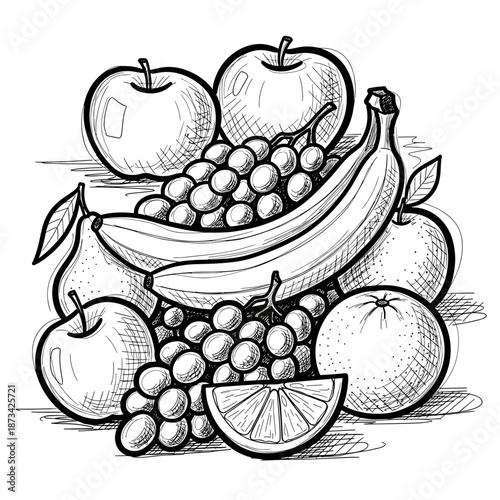 Fruit still life illustration with apples, bananas, grapes, and oranges  