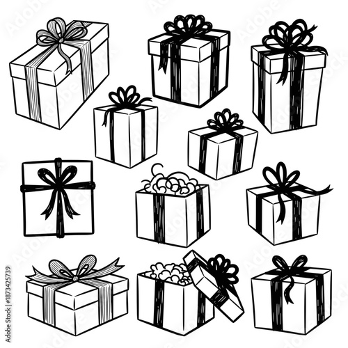 Gift boxes in various sizes and designs with ribbons and bows  