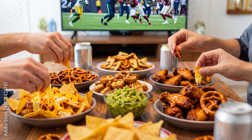 Friends cheering during a game day at home, gathered around a wooden table piled with nachos, wings, pretzels, guacamole and beers, enjoying snacks and tv together