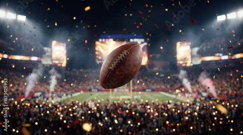 American football spiraling through the air during a night game in a crowded stadium with confetti falling and a festive atmosphere, celebrating a championship win