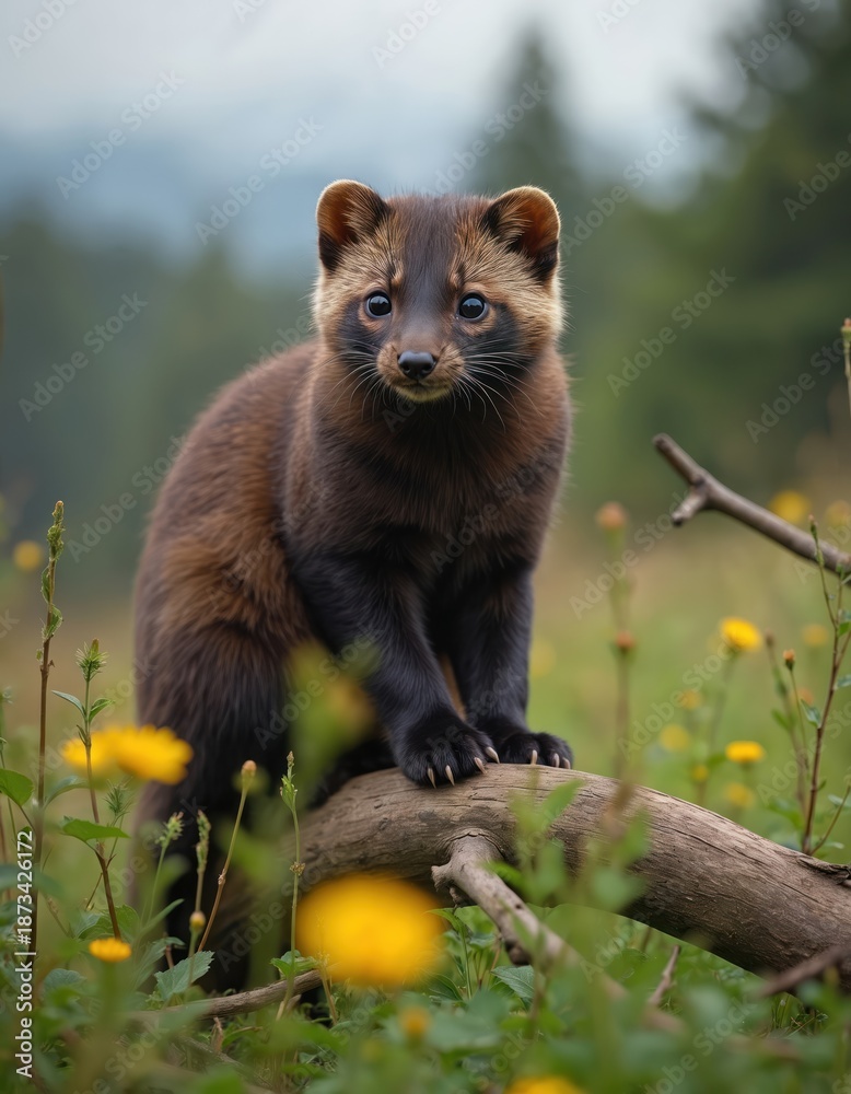Fototapeta premium Cute polecat stands on branch in wildflowers field. Fluffy mammal looks at camera in park. Wild animal watches in nature. European mink in forest. Mustelid portrait in spring.