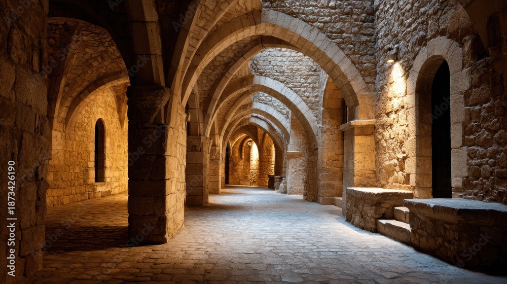 Fototapeta premium Medieval Architecture in a Narrow Stone Passage With Soft Light Beams Creating an Inviting Atmosphere for Exploration and Discovery