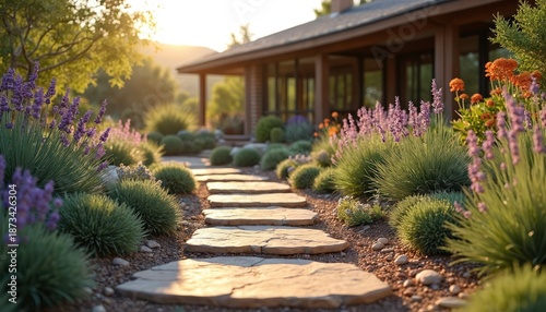 Landscaping stone walkway garden path with diverse plants. Xeric garden design drought tolerant species. Sustainable landscape features native green plants, eco friendly gardening in arid climate.