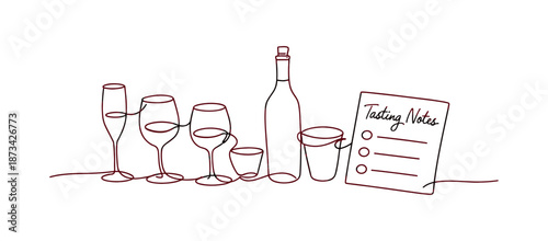 Wine tasting line art with glasses and notes for elegant presentations