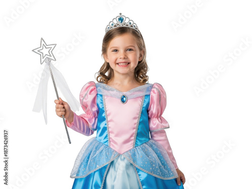 Young girl in princess dress holding wand, isolated on transparent background