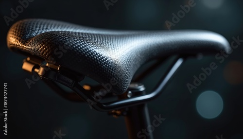 Close up of a black carbon fiber bike saddle with textured surface and sleek design. Shiny glossy finish accentuates the material. Modern cycling equipment for performance and comfort. © miss irine