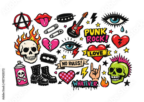 Edgy punk rock patch collection with skulls, flames, and hearts in bold colors