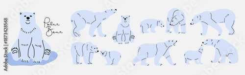 Polar Bear set. Flat vector illustrations of North animal. Polar bears, adult animals and cubs standing, walking, sitting and hunting. Wild animals of Arctic Circle. Arctic white north animals.