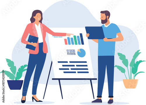Office people with flip over - Businesswoman and man working and looking at presentation with diagram and charts, discussing business and company result together. Flat design vector illustration